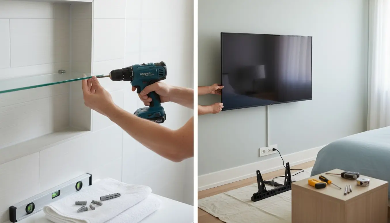 Hænder monterer en glashylde i et badeværelse og vægophængt tv i et soveværelse gennem en åben dør.