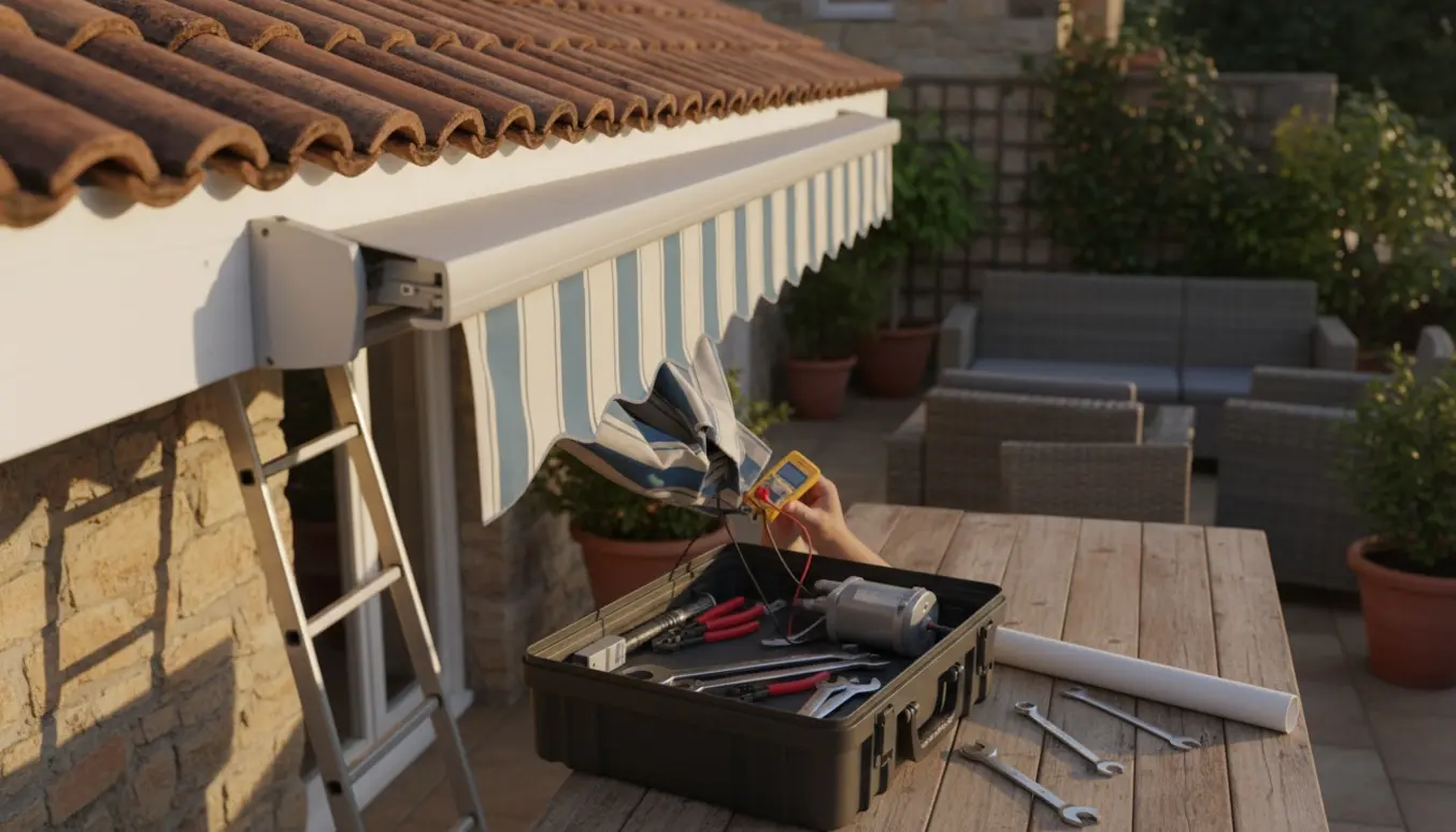 En tekniker arbejder ved en elektrisk markise på en terrasse med værktøj og reservedele klar til reparation eller udskiftning.