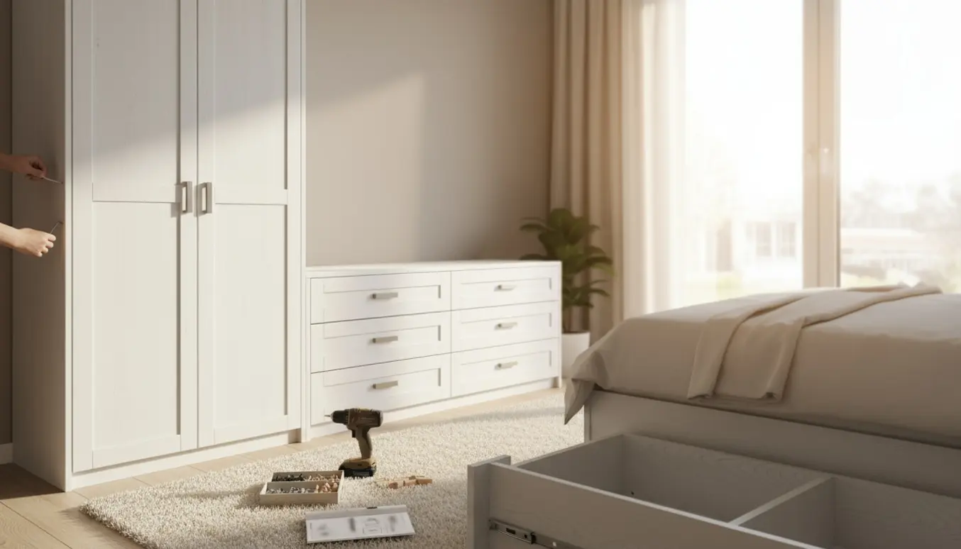 Samlede garderober og en kommode i et lyst soveværelse med værktøj ved siden af.