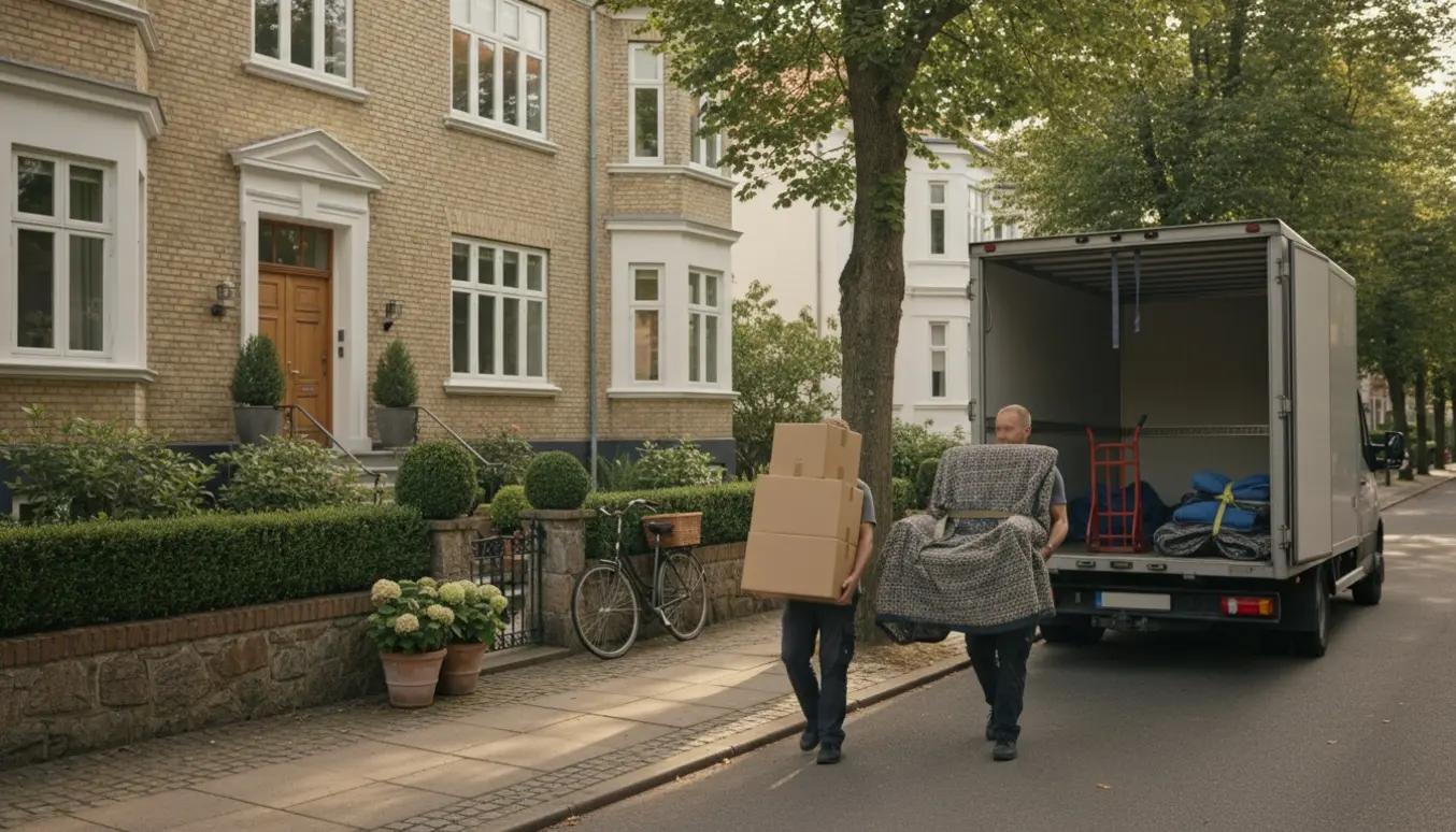 Flyttefolk bærer flyttekasser foran en elegant bolig i Hellerup på en solrig dag.