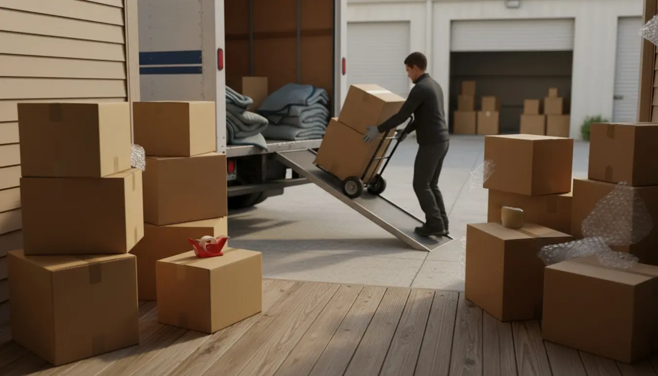 Omkring 20 flyttekasser læsses fra en villa ind i en flyttevogn foran en åben opbevaringsenhed.