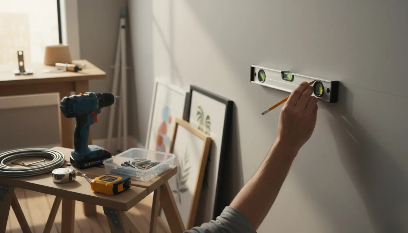 Hænder markerer væg og monterer beslag til billeder, gardinstang og lampe med værktøj på en stige i et lyst rum.