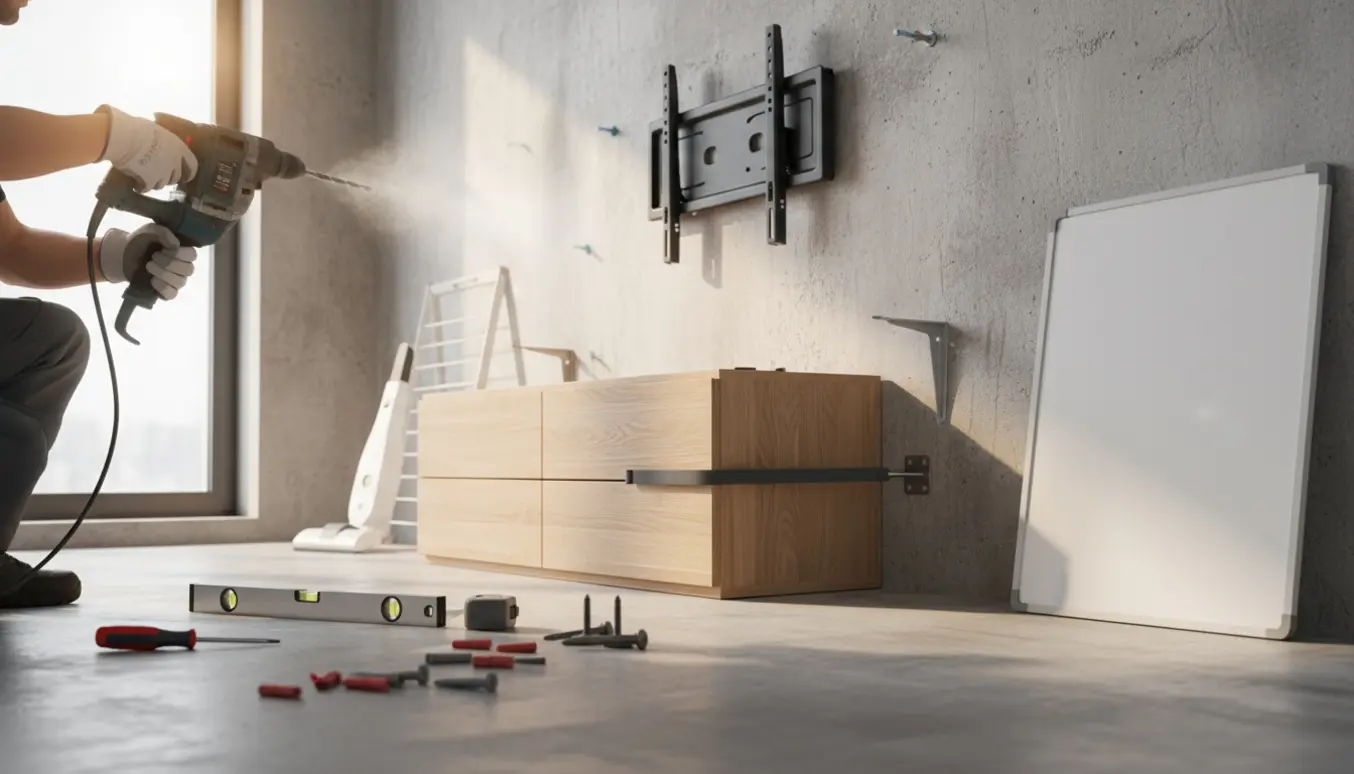 Hænder borer i en betonvæg for at montere tv, reol og kommode med rawlplugs og sikkerhedsstrop.