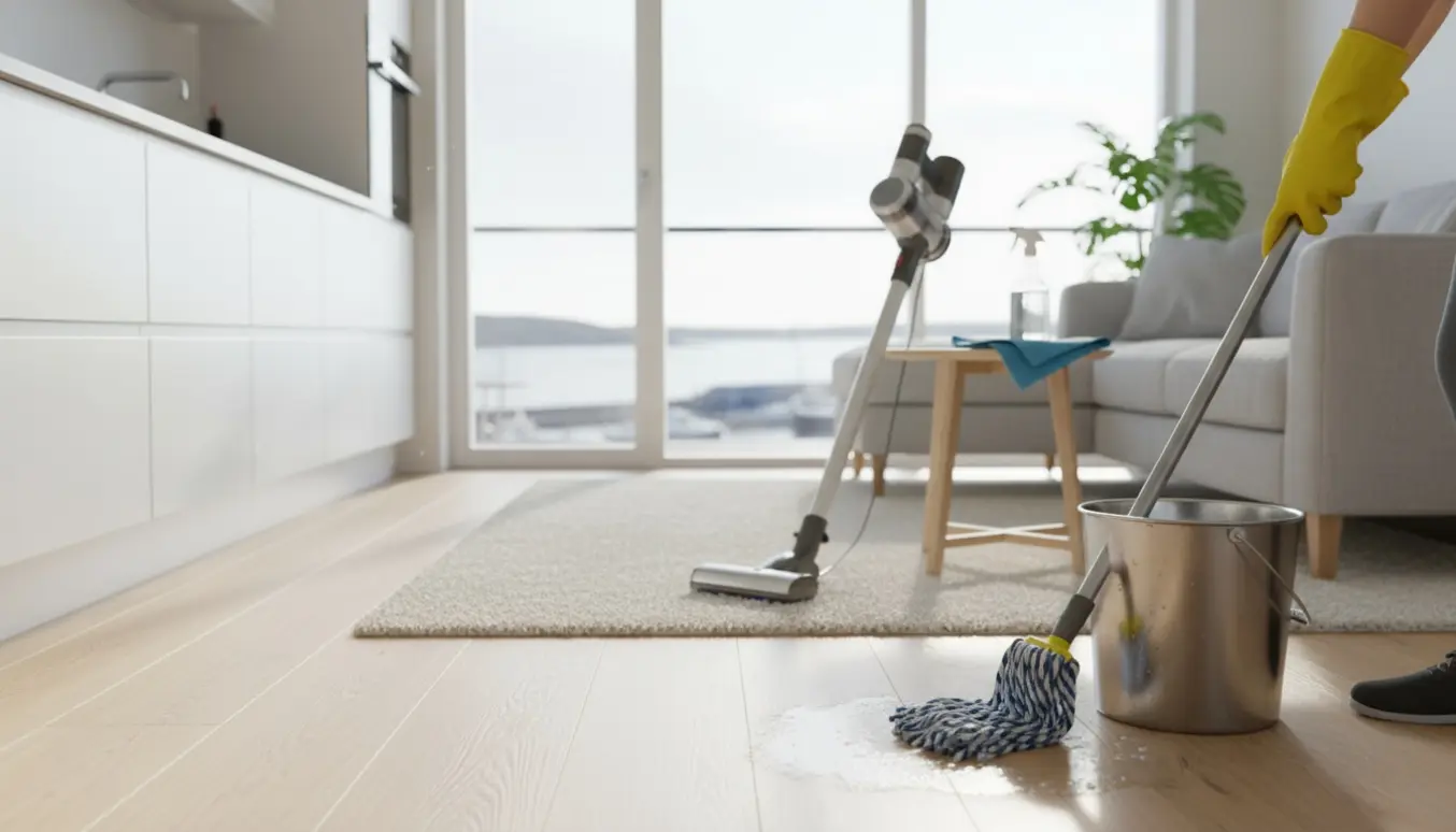 En lys 70 m² lejlighed i Frederikshavn, hvor hænder i handsker mopper gulvet med rengøringsudstyr og udsigt mod havet.