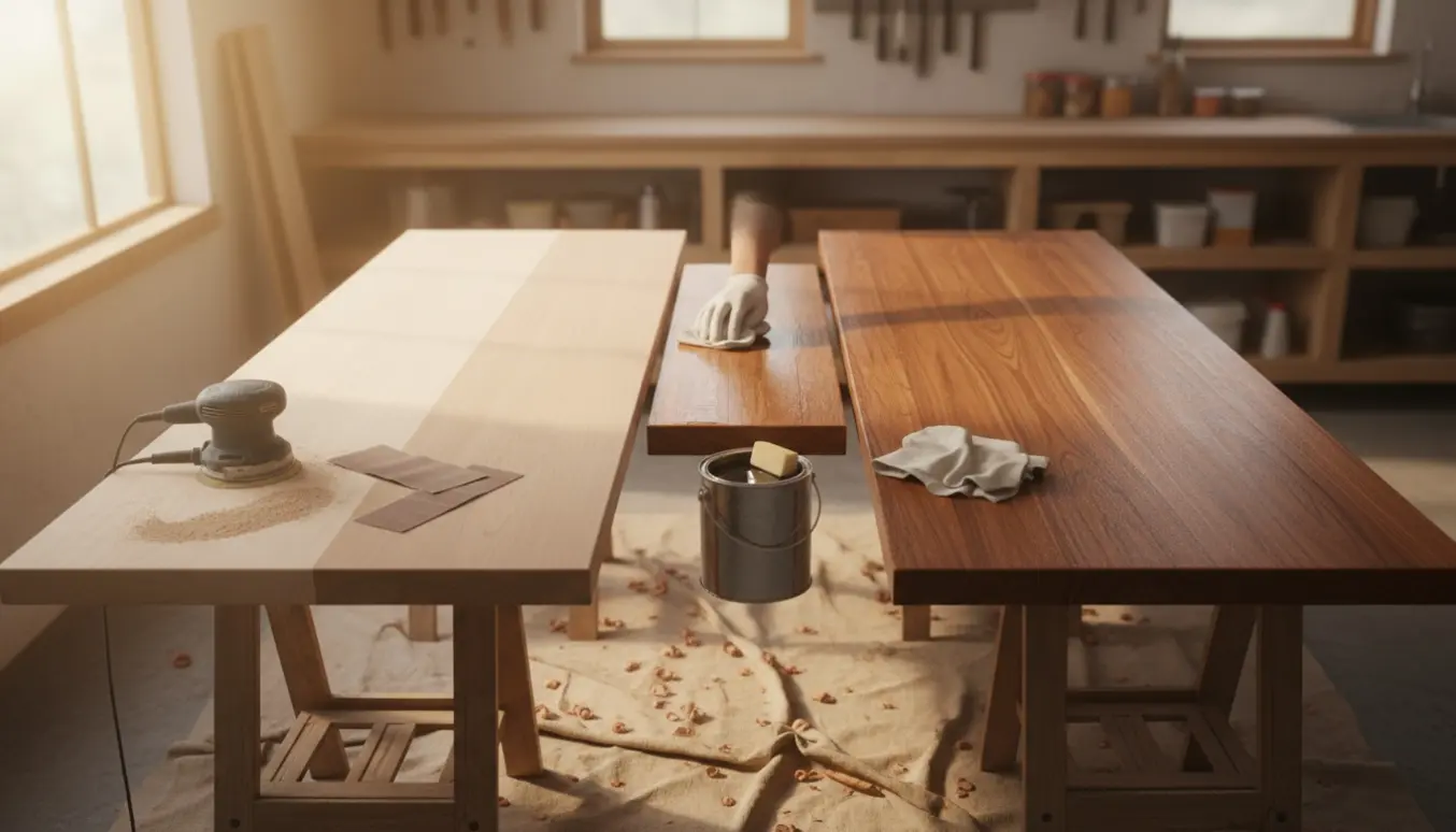 Tre hårdttræs køkkenbordplader på bukke, delvist slebne og olierede i naturligt lys.