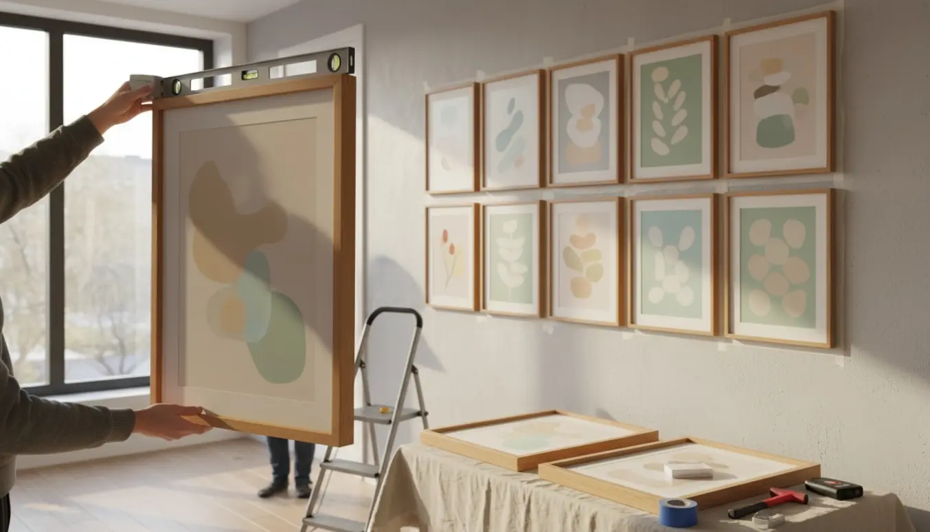 Hænder måler og hænger 60x80-rammer op på en væg i en lys lejlighed med vaterpas og hammer.
