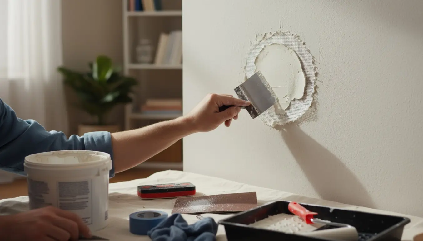 Nærbillede af hænder, der spartler og reparerer et hul i en gipsvæg.