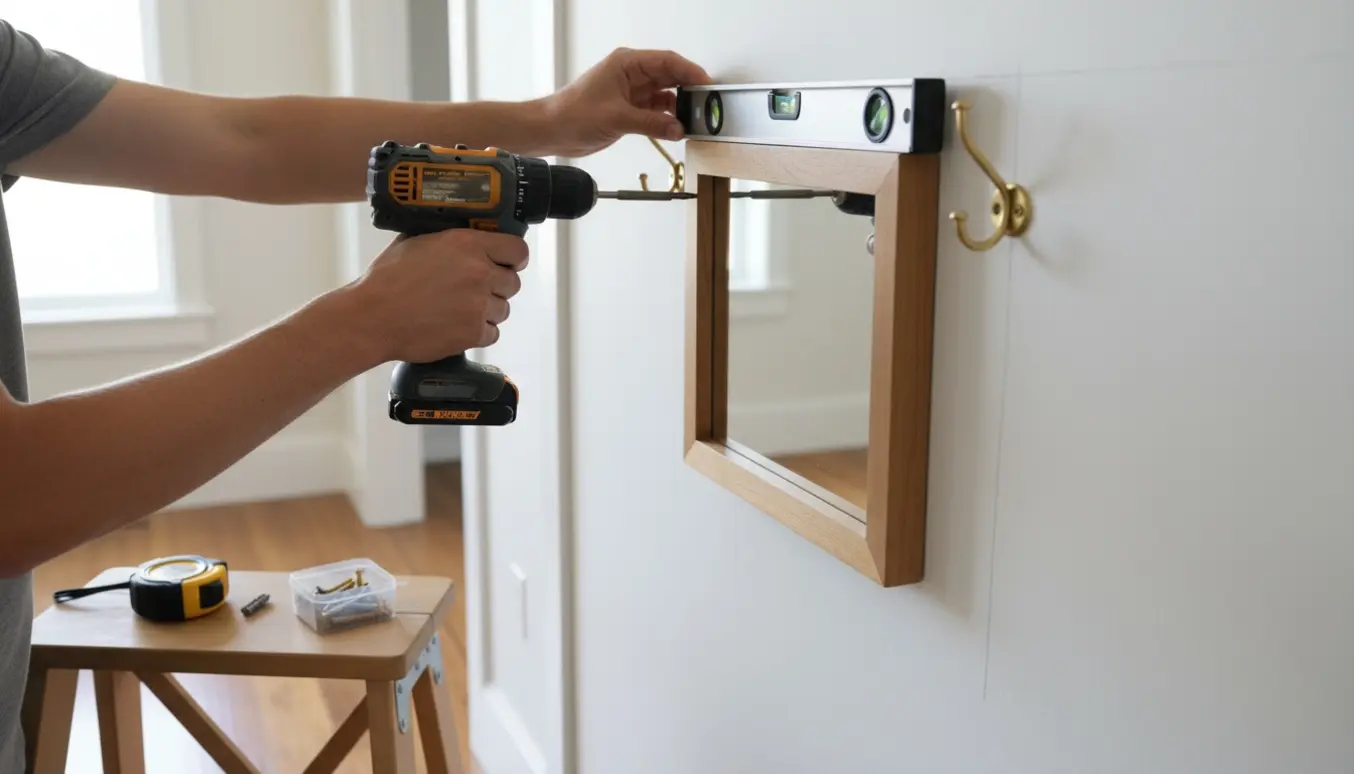 Hænder monterer et spejl og knager i en lys entré med vaterpas og værktøj i nærheden.