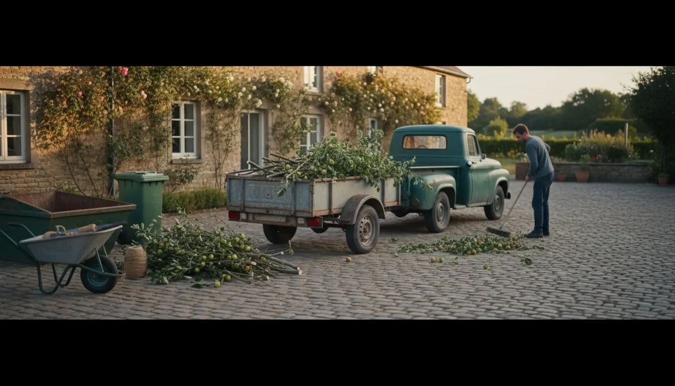 Trailer med afskårne æblegrene ved genbrugspladsen, mens gårdspladsen fejes.