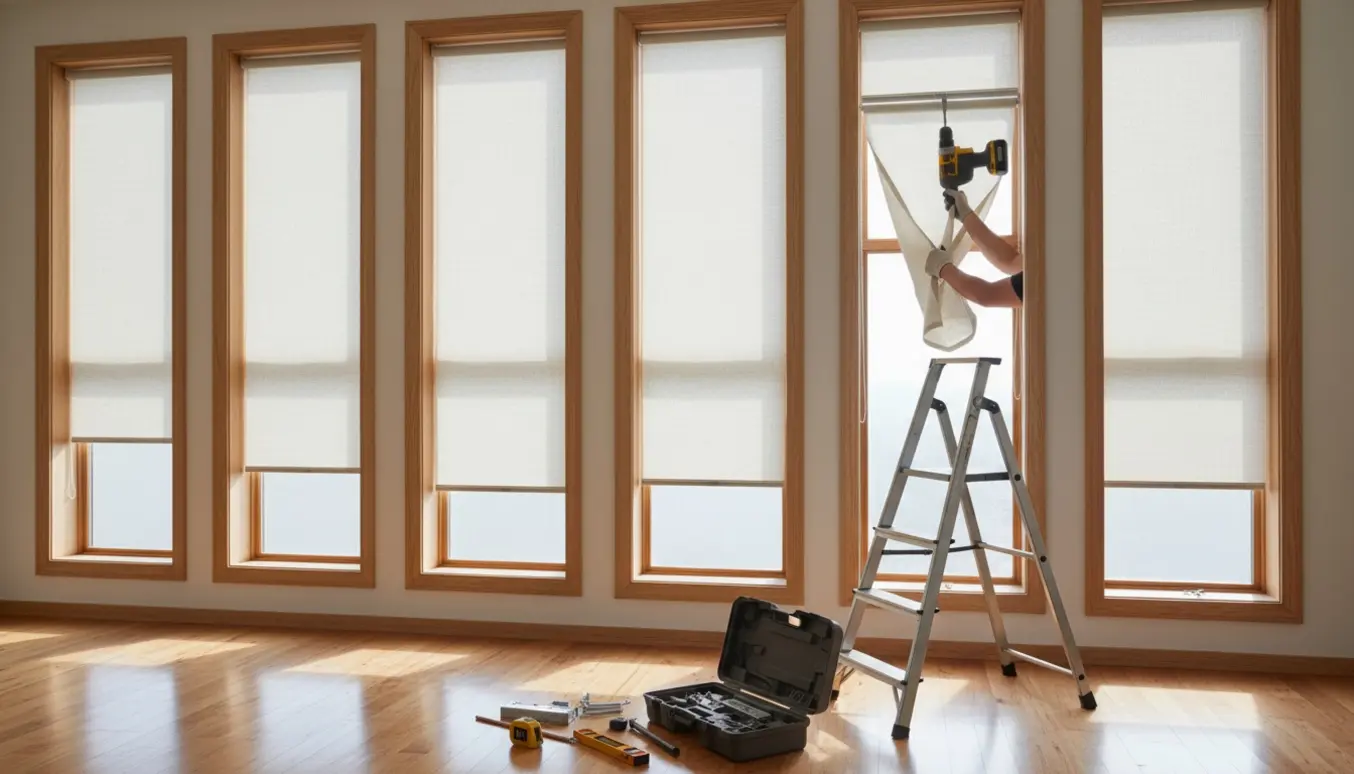 Håndværker monterer rullegardiner på en række vinduer med værktøj og en stige i et lyst rum.