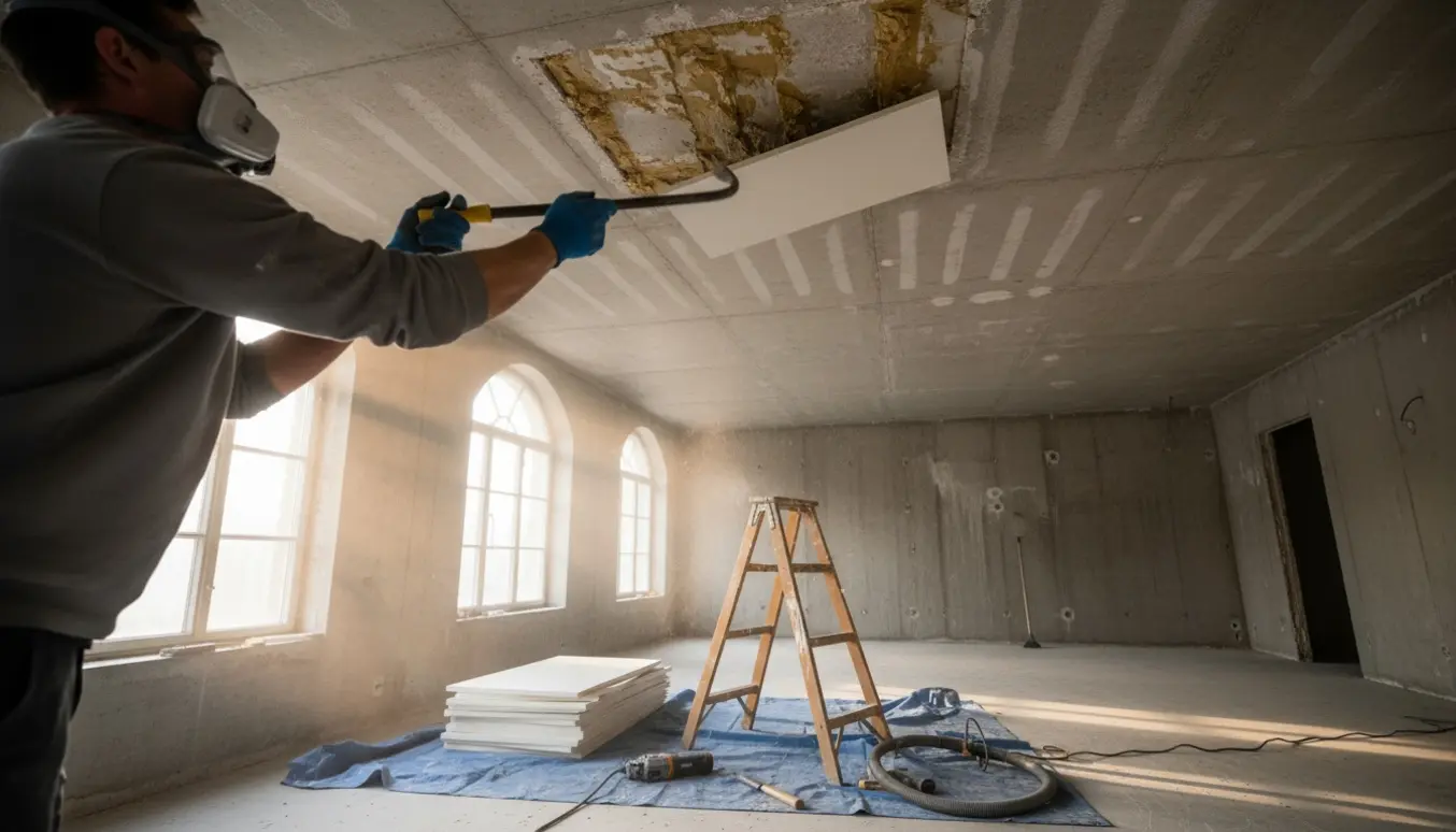 Arbejder fjerner limede Troldtec-loftplader med koben og rengør betondæk klar til nyt loft.