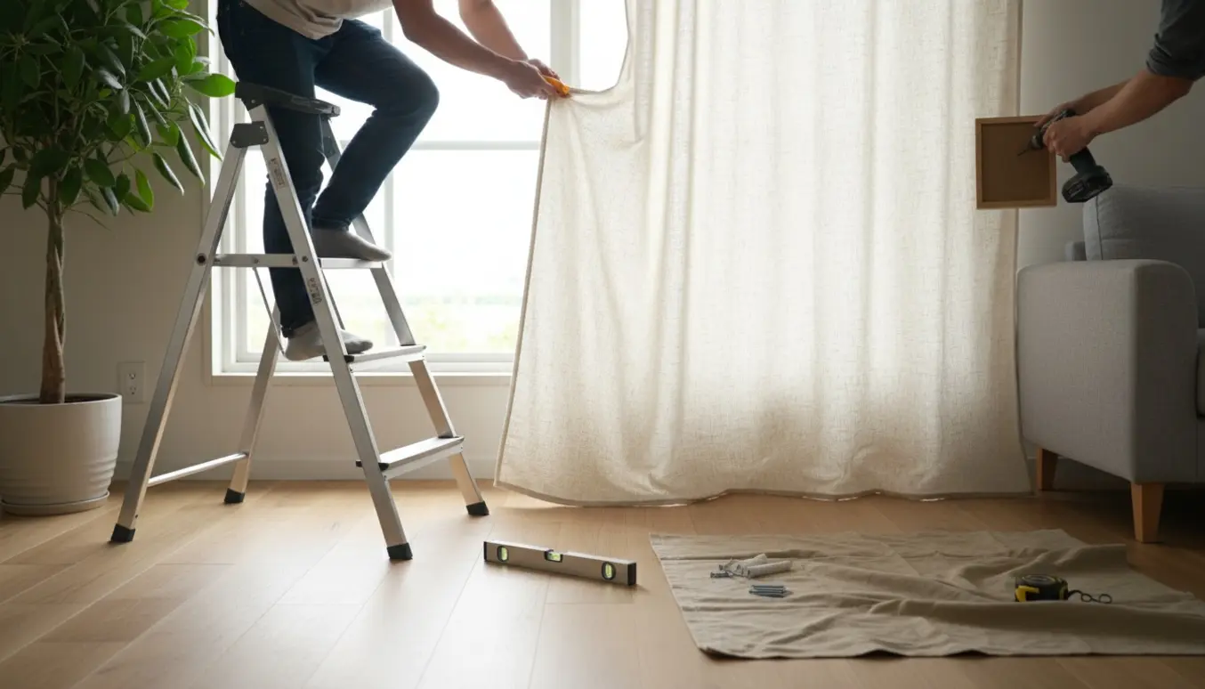 Hænder monterer gardinstang i lyst, skandinavisk stue, mens billedrammer hænges op.