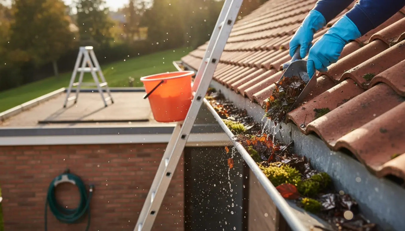 Hænder rydder våde blade og mos fra en villas tagrende med stige, skovl og vandslange.