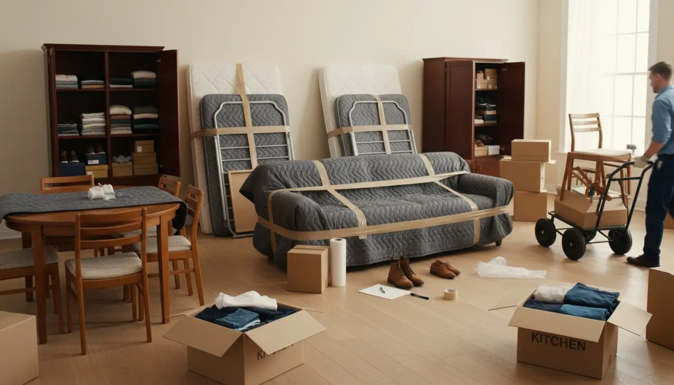 Flyttescene i en lejlighed med indpakkede sofaer, madrasser, møbler, kasser, tøj og sko klar til transport.
