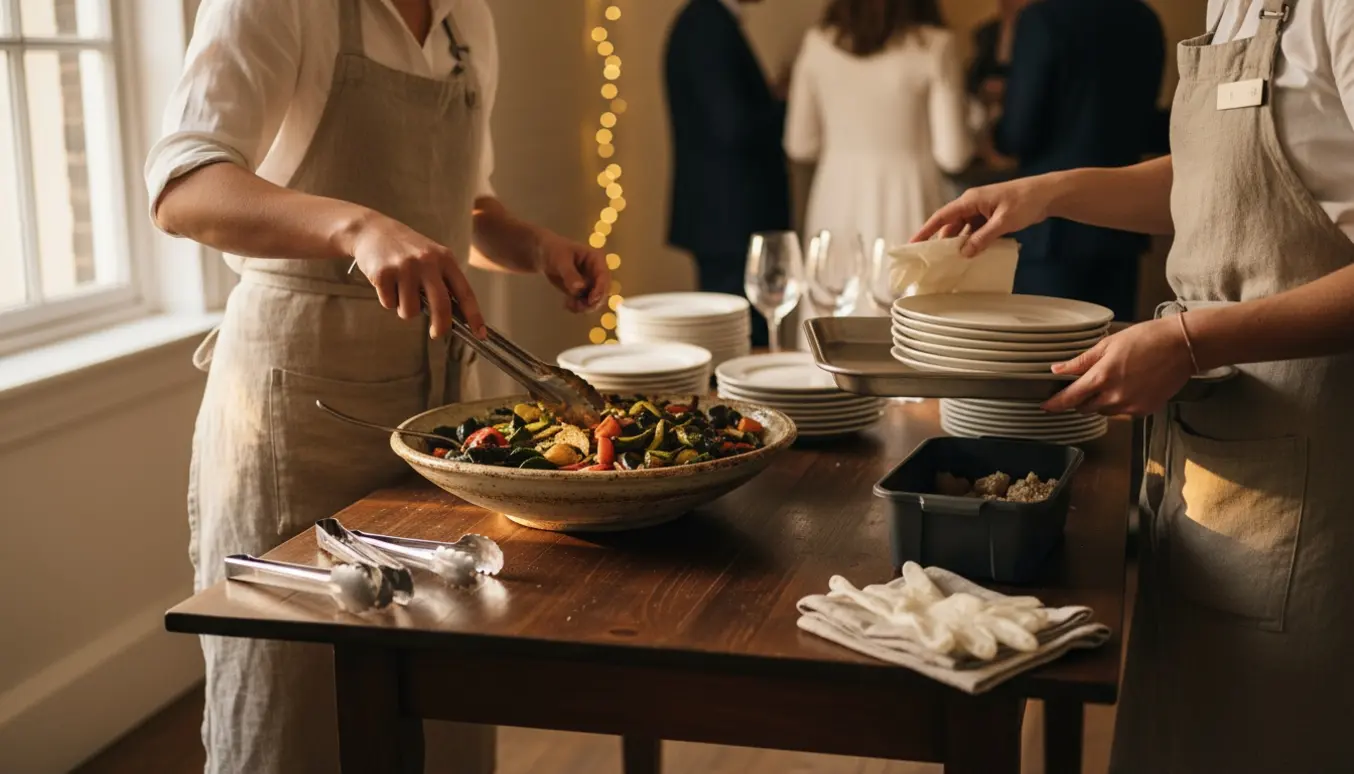 To hjælpere i forklæder rydder og serverer mad ved et buffetbord under en fest.