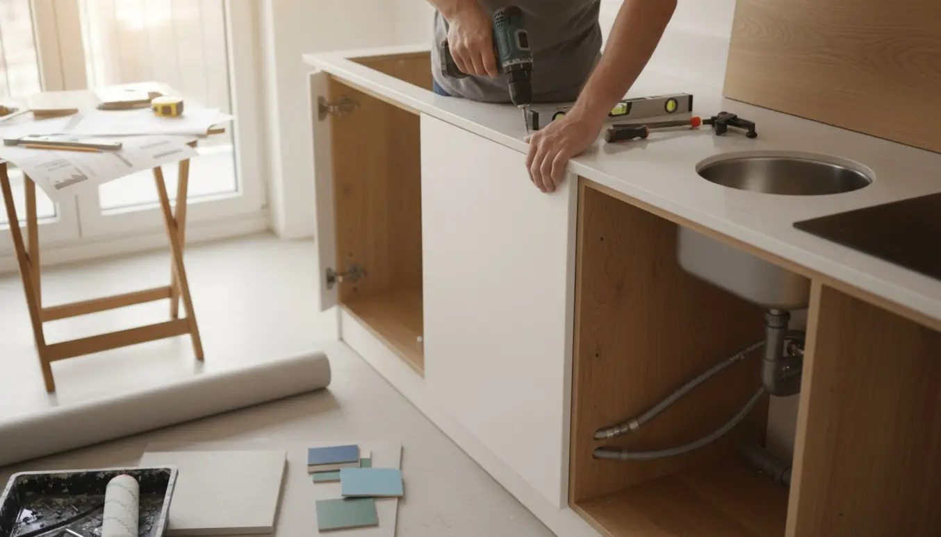 Nærbillede af køkkenmontage med skabsfronter, bordplade og ruller af linoleum klar til installation.
