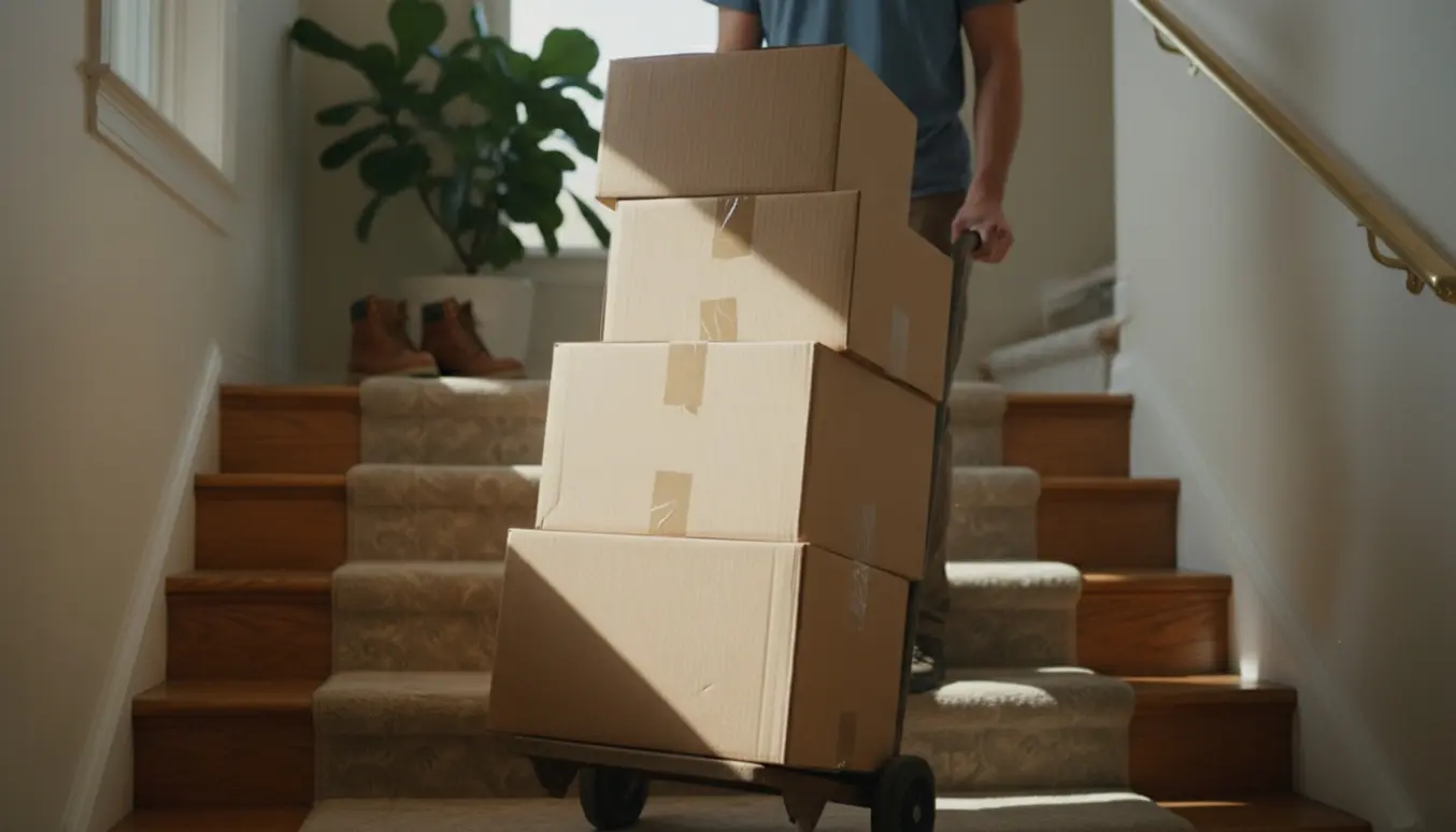 Fem papkasser på en trillebør føres op ad en trætrappe i blødt, naturligt lys uden synlige ansigter.