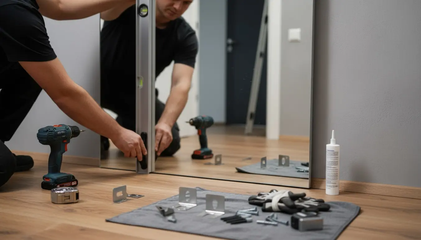 Hænder monterer et stort rektangulært spejl lodret i en moderne gang med sugekopper og værktøj klar.