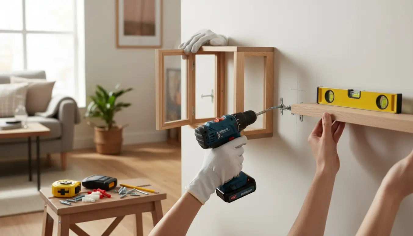 Hænder monterer et lille vitrineskab og en hylde på en tynd væg med bor, rawlplugs og vaterpas i blødt dagslys.