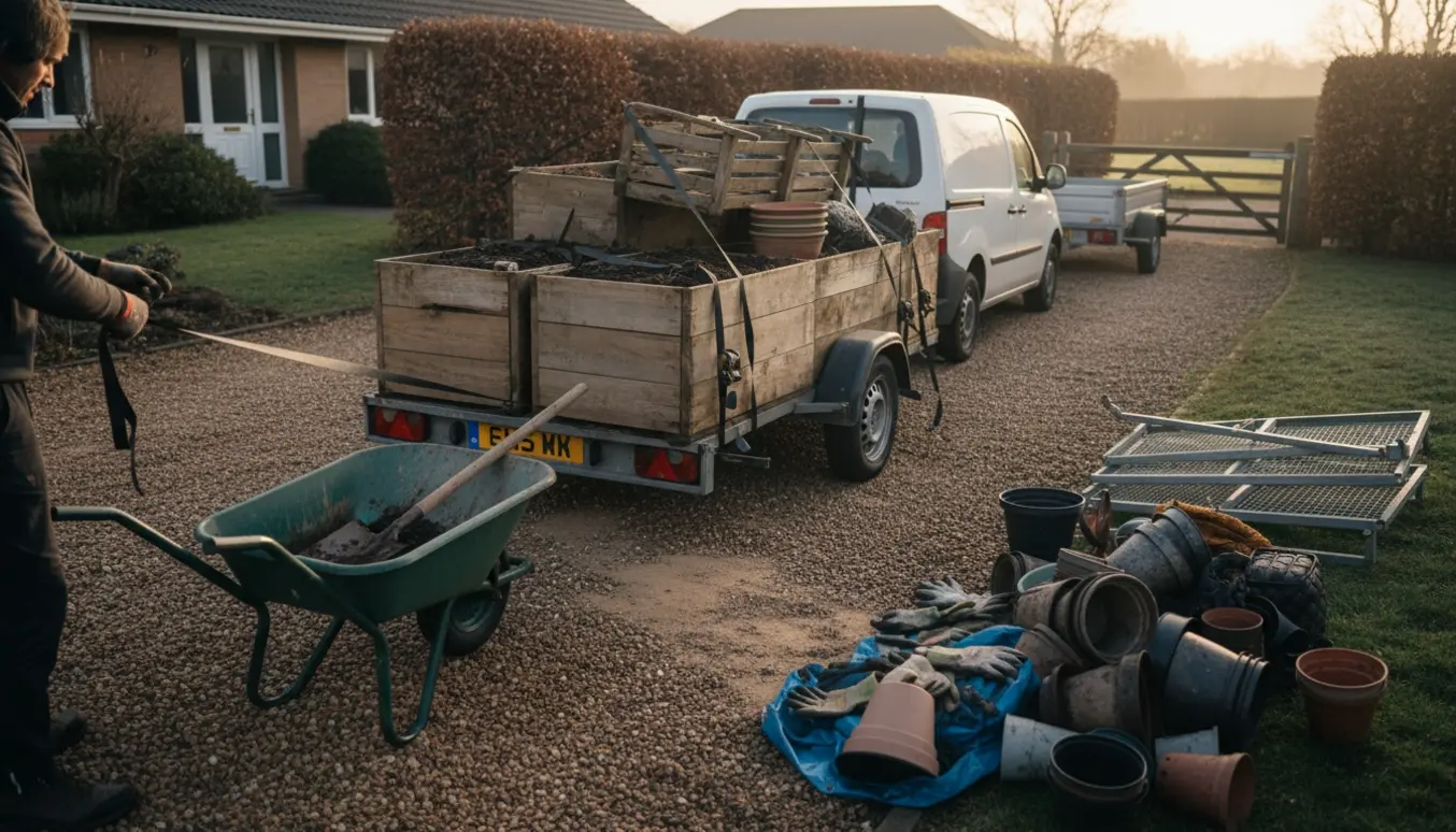 Trailer med fyldte plantekasser og haveaffald på indkørsel klar til afhentning.