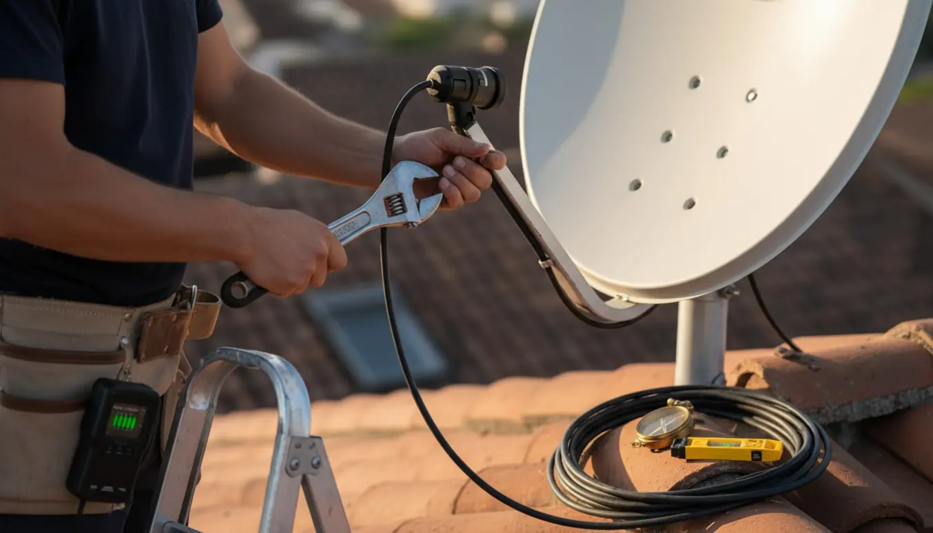 Tekniker justerer en parabolantenne på et tag med en signalmåler.