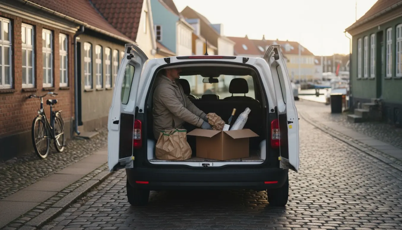 Åben varevogn med to vinsflasker i en kasse på en dansk gade i blødt aftenslys.
