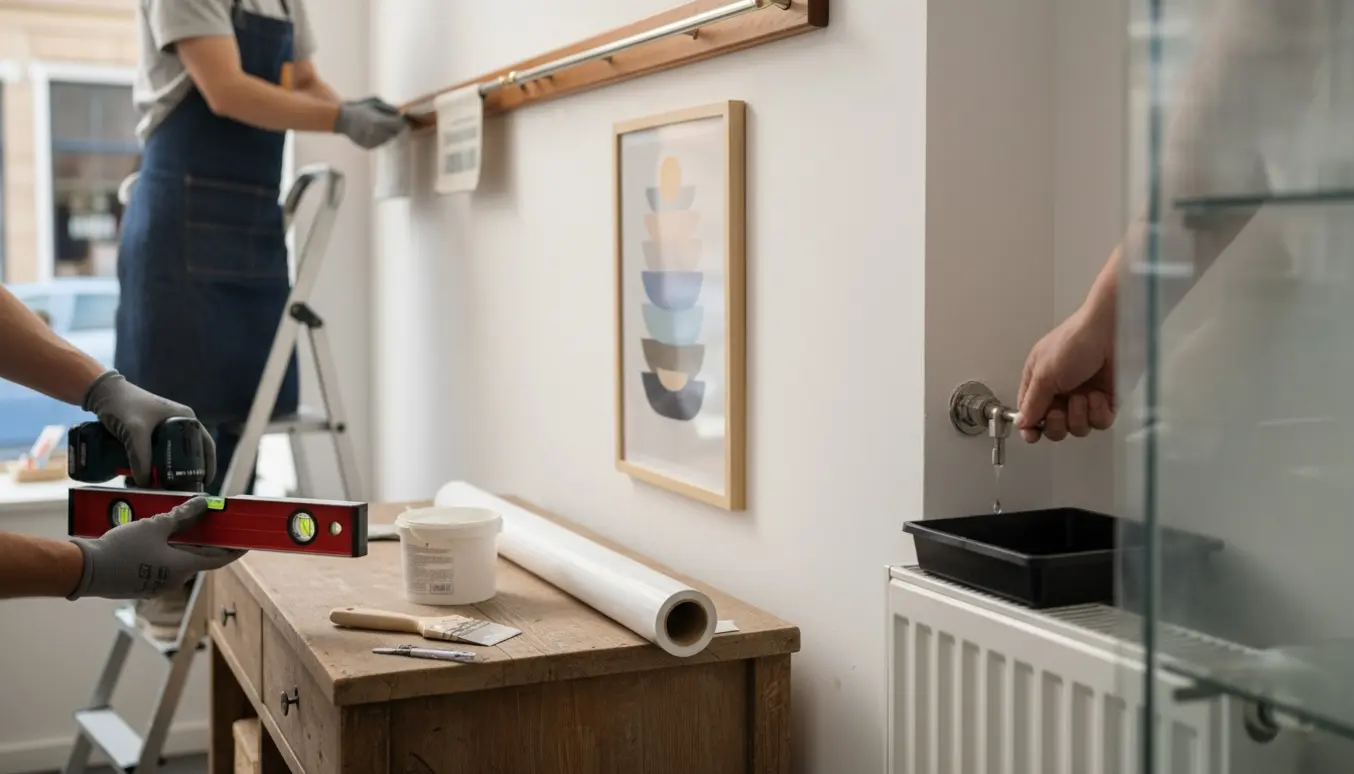 Hænder udfører små vedligeholdelsesopgaver i en butik: ophængning af rammer, udluftning af radiator og påsætning af matteringsfilm.