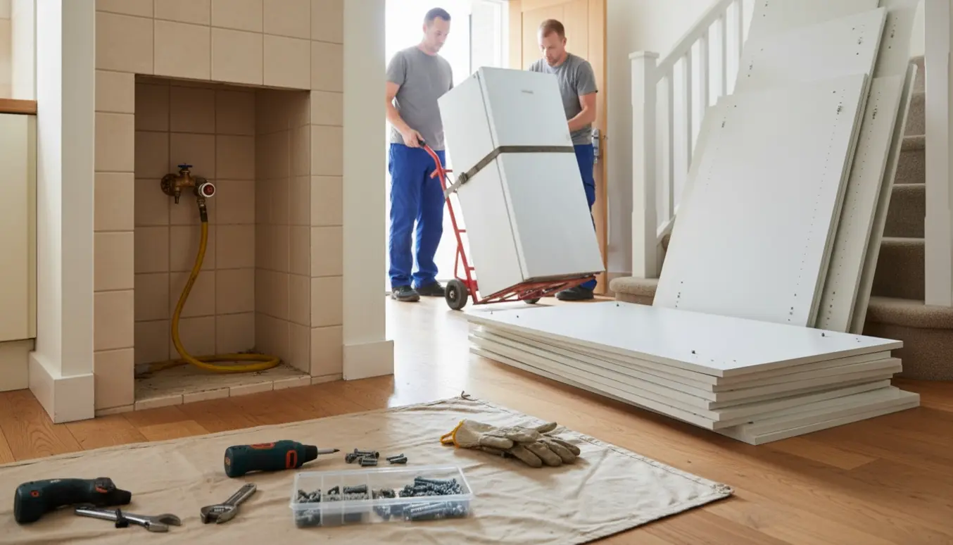 Køleskab på tralle og demonterede PAX-paneler på en trappe med værktøj og afdækket gasventil.