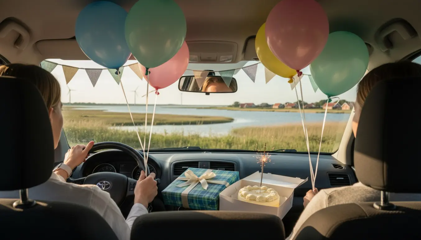 Indeni en bil på vej fra Tuse Næs mod Holbæk med fødselsdagsgave, lille kage og pastelfarvede balloner i blødt eftermiddagslys.