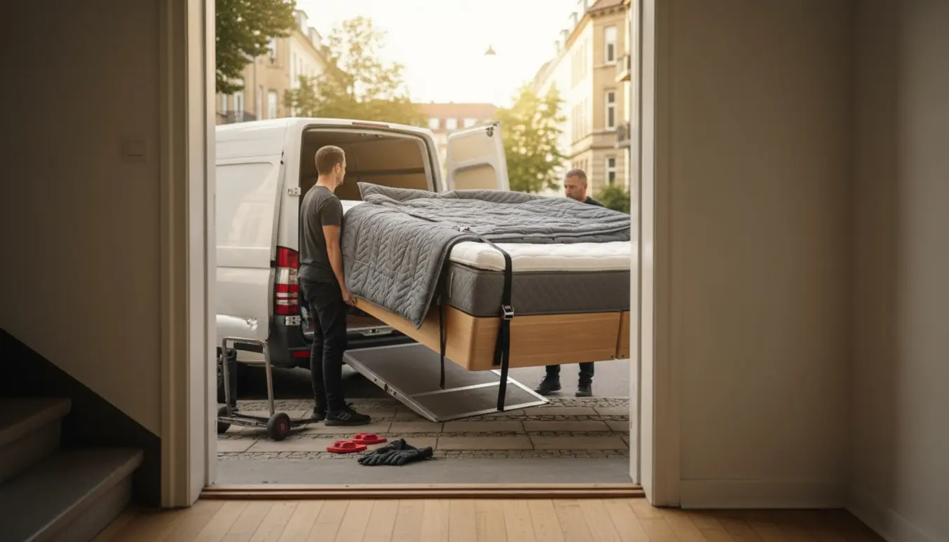 En stor kontinentalseng indpakket i flyttetæpper bæres ud af en lejlighed og ind i en hvid flyttebil på en rolig, træbevokset gade.
