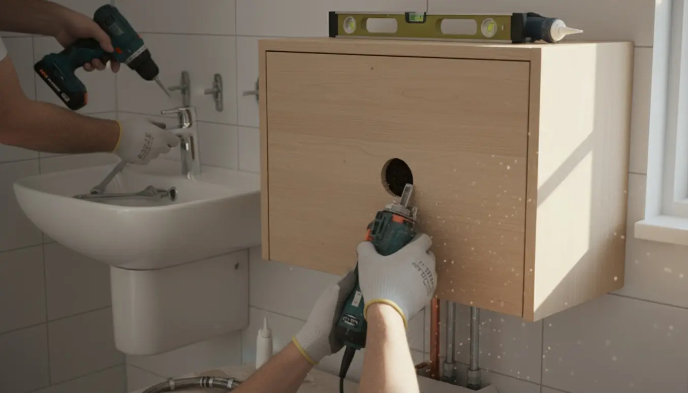 Nærbillede af montering af et IKEA badeskab, hvor hænder skærer hul til rør og monterer skabet på væggen klar til vask og armatur.