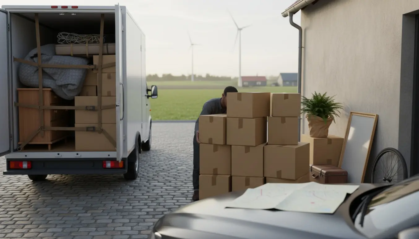 Omkring ti papkasser læsses i en flyttebil på en indkørsel, mens ansigter er skjult.