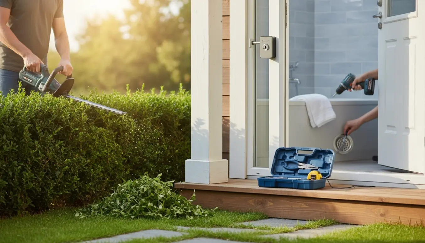 Hækklipning i forhaven, opsætning af nøgleboks på døren og åbning af bruserens rist uden synlige ansigter.