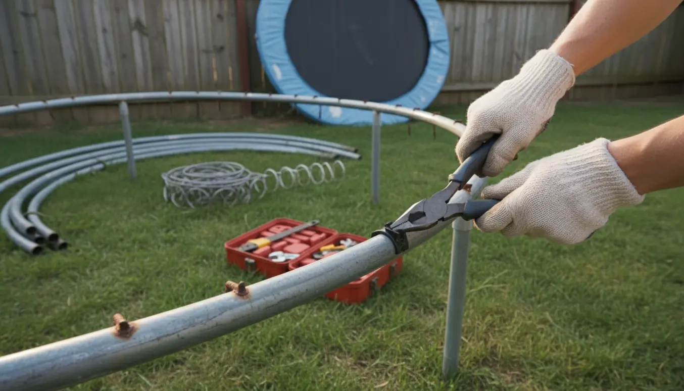 Nærbillede af nedtagning af trampolin i baghaven med værktøj og afmonterede metaldele.
