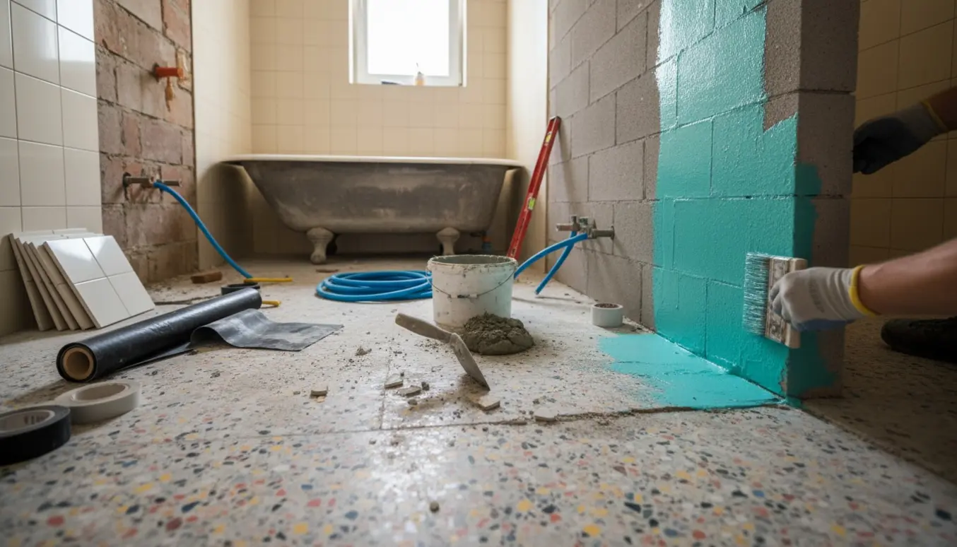 Gummihandsker påfører vådrums-membran i et badeværelse under nedrivning og ommuring, med synligt terrazzo-gulv og VVS-rør.