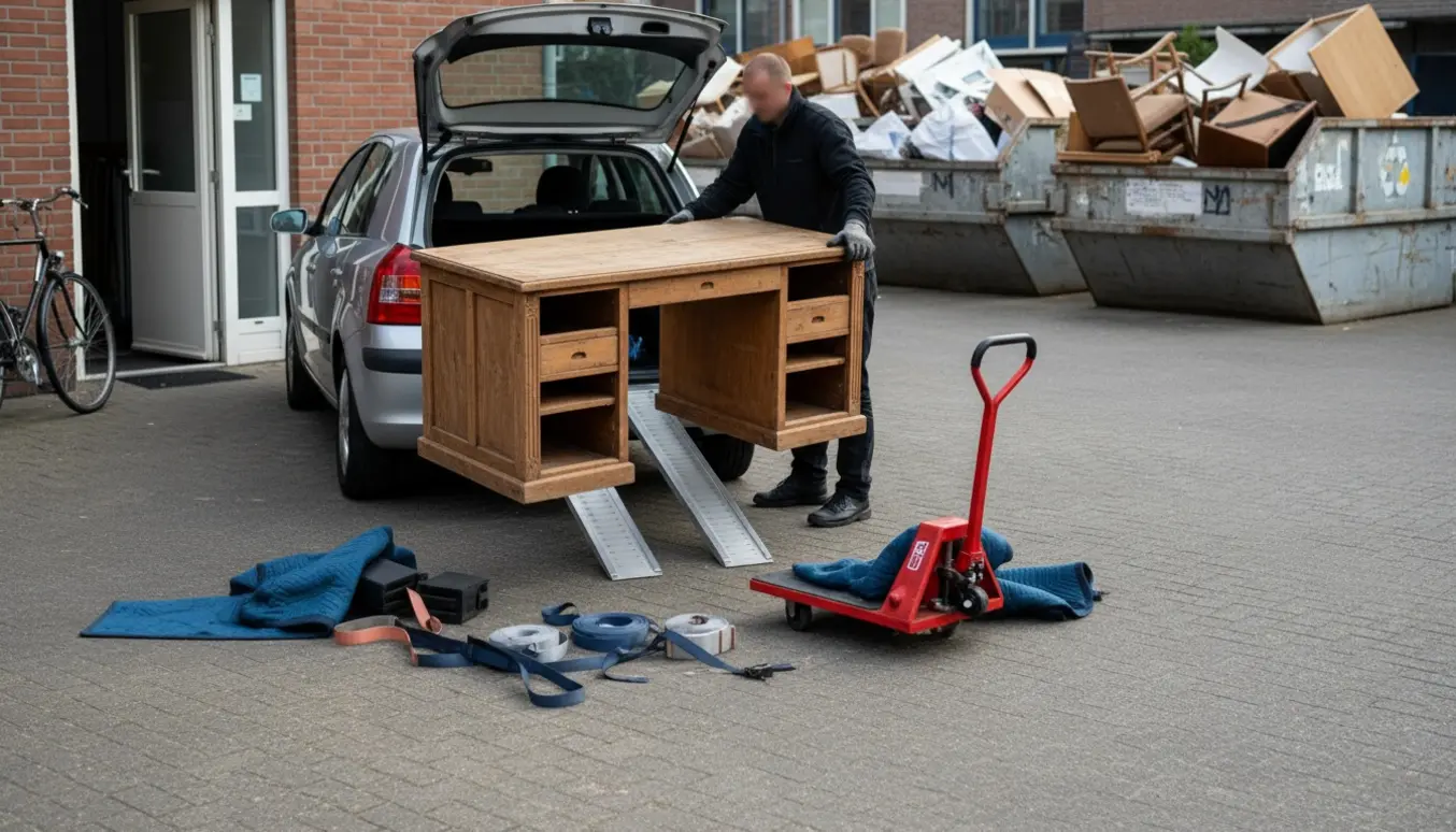 Et robust træskrivebord læsses i en bil fra en stueetage ved en genbrugsplads.