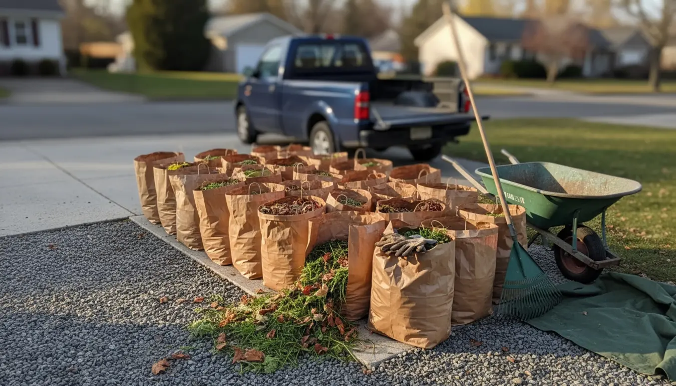 Stak af ca. 25 papirsække med haveaffald ved indkørsel, klar til afhentning.