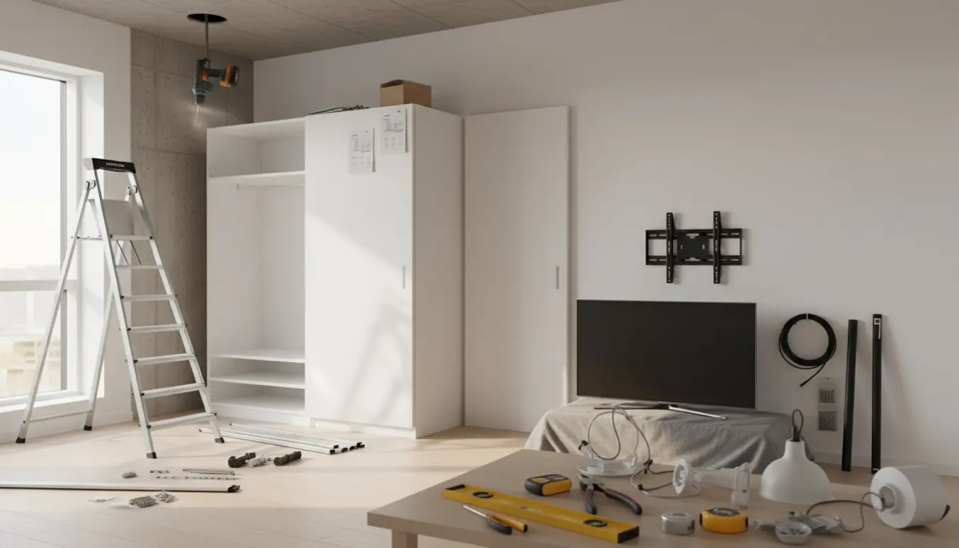 Delvist sammensat IKEA PAX skab i lejlighed med værktøj, boremaskine ved betontag, lampedele og TV-vægophæng klar til montering.