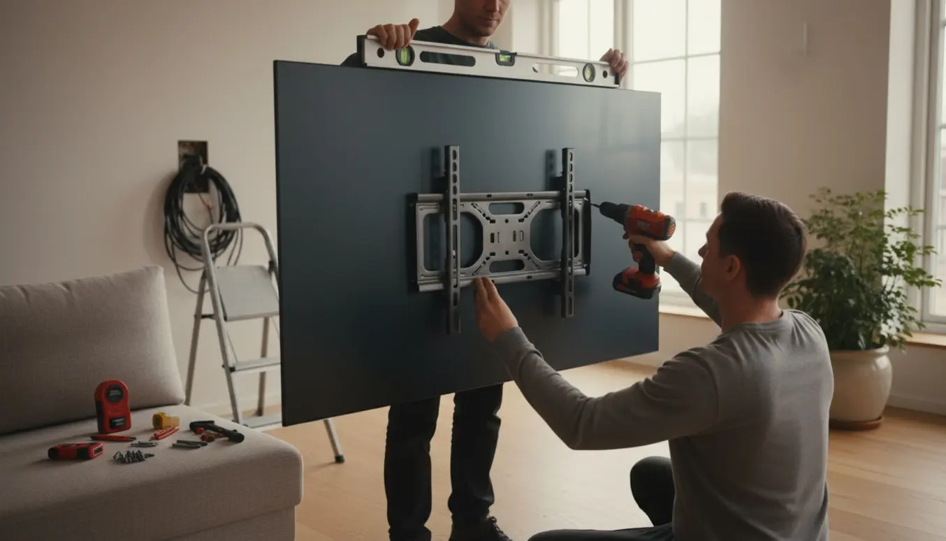 Et 55 tommer fladskærms-TV hænges op på væggen i en lys stue, kun hænder og værktøj er synlige.