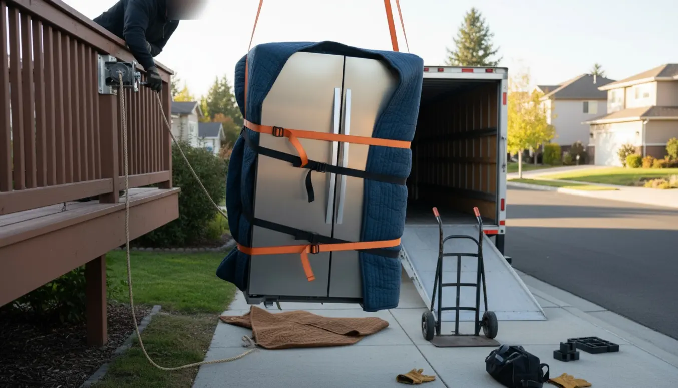 Et stort amerikansk køleskab pakket i flyttetæpper sænkes ud fra 2. sal mod en ventende flyttebil, mens én person styrer det med handsker.