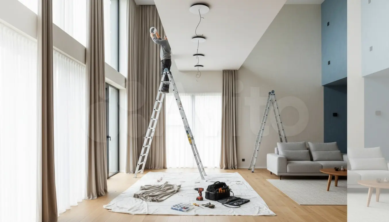 Høj stige i en lys stue, en person tager en loftlampe ned mens gardiner ligger taget ned på et beskyttelsesunderlag.