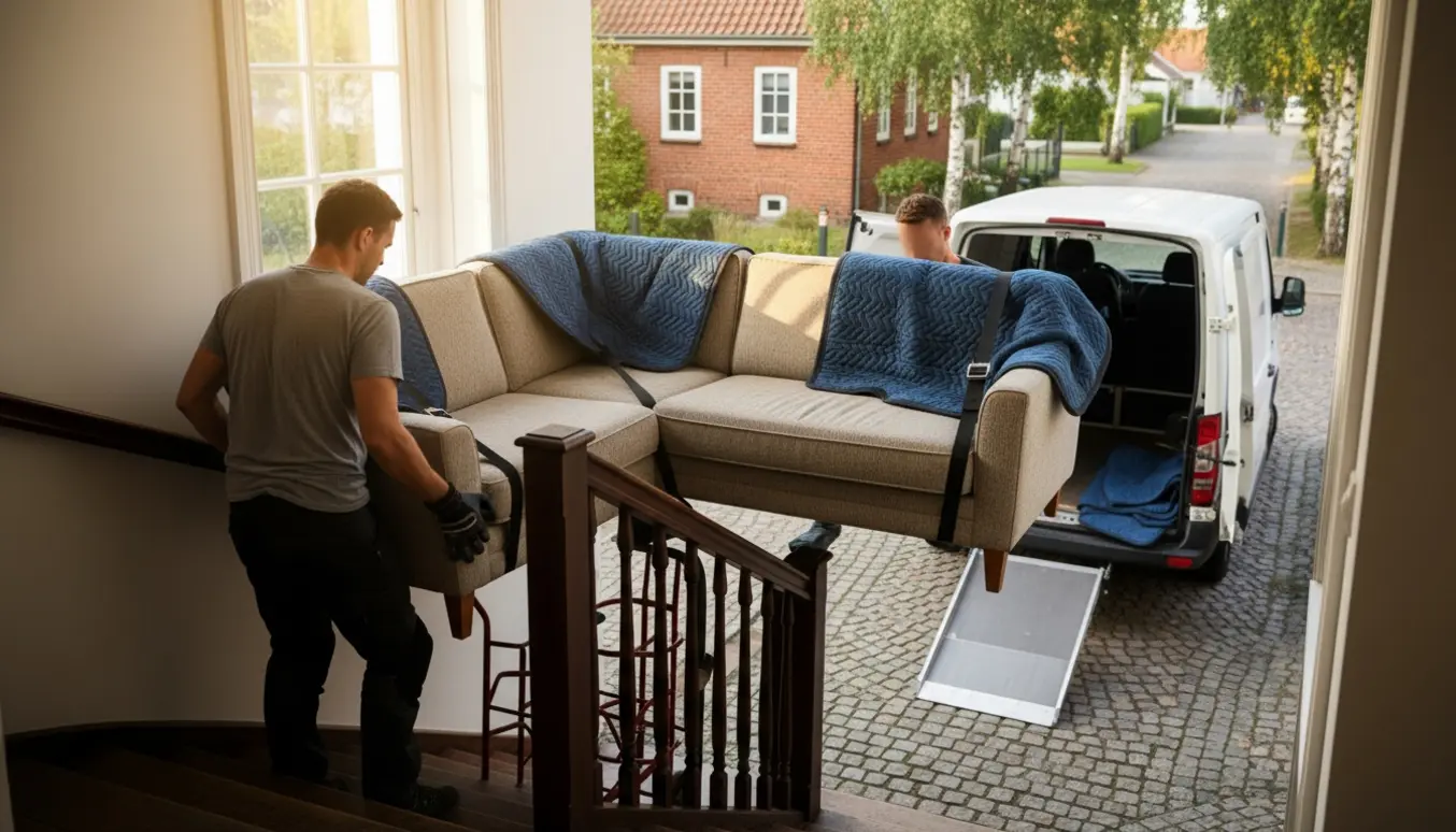 To personer bærer en hjørnesofa ned ad en smal trappe mod en ventende flyttevogn til genbrug.