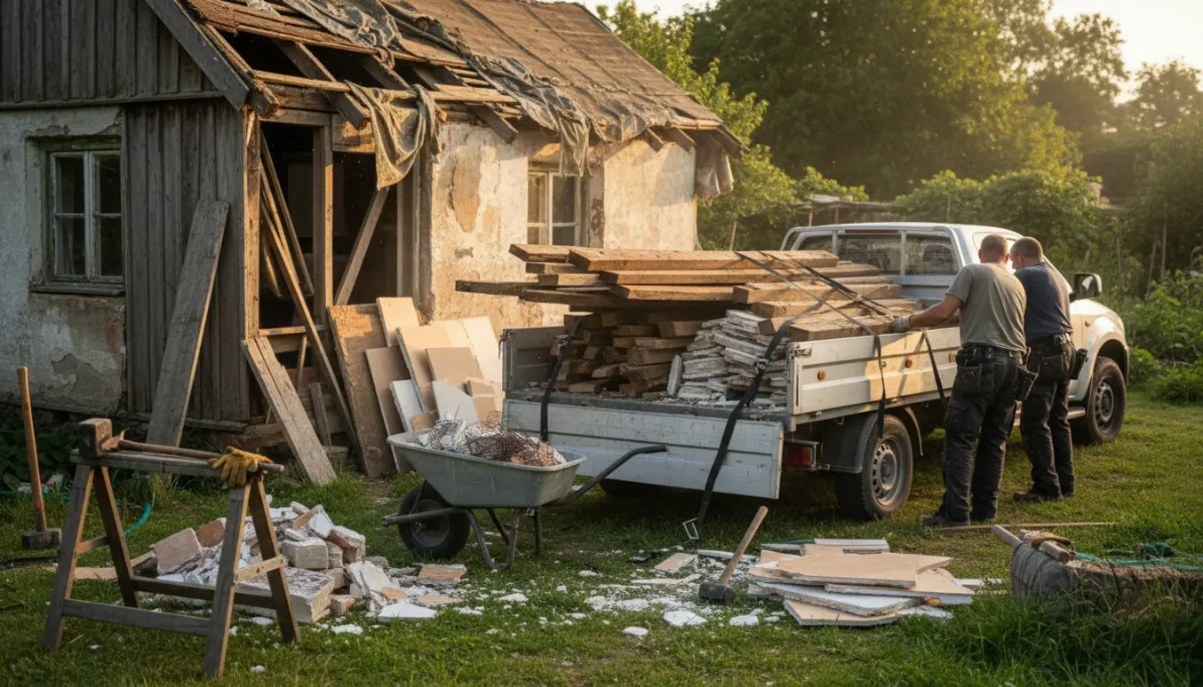 Åben trailer ved et kolonihavehus fyldt med træ og gips under nedrivning.