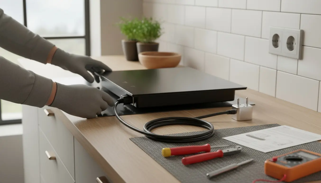 Hænder tilslutter en induktionskomfur til en vægstikkontakt med ledning, adapter og værktøj på køkkenbordet.