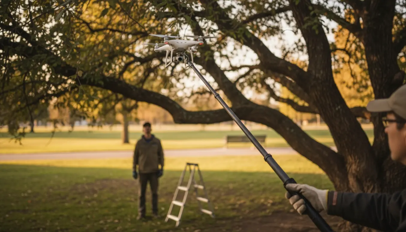 En person med teleskopisk stang fjerner en fastklemt drone fra en trækrone i en offentlig park.
