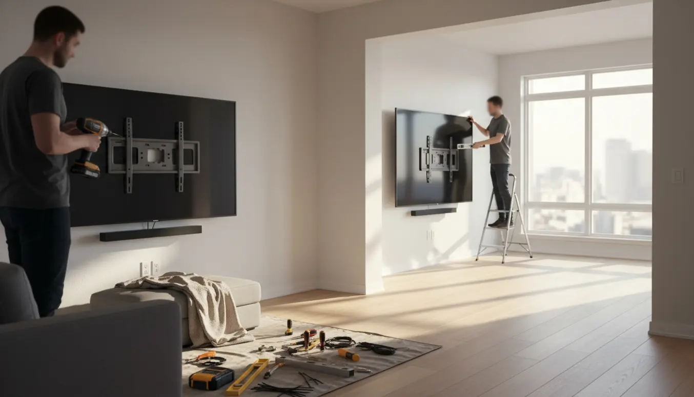 To teknikere afmonterer og monterer store fladskærme og en soundbar i en lys, moderne stue.