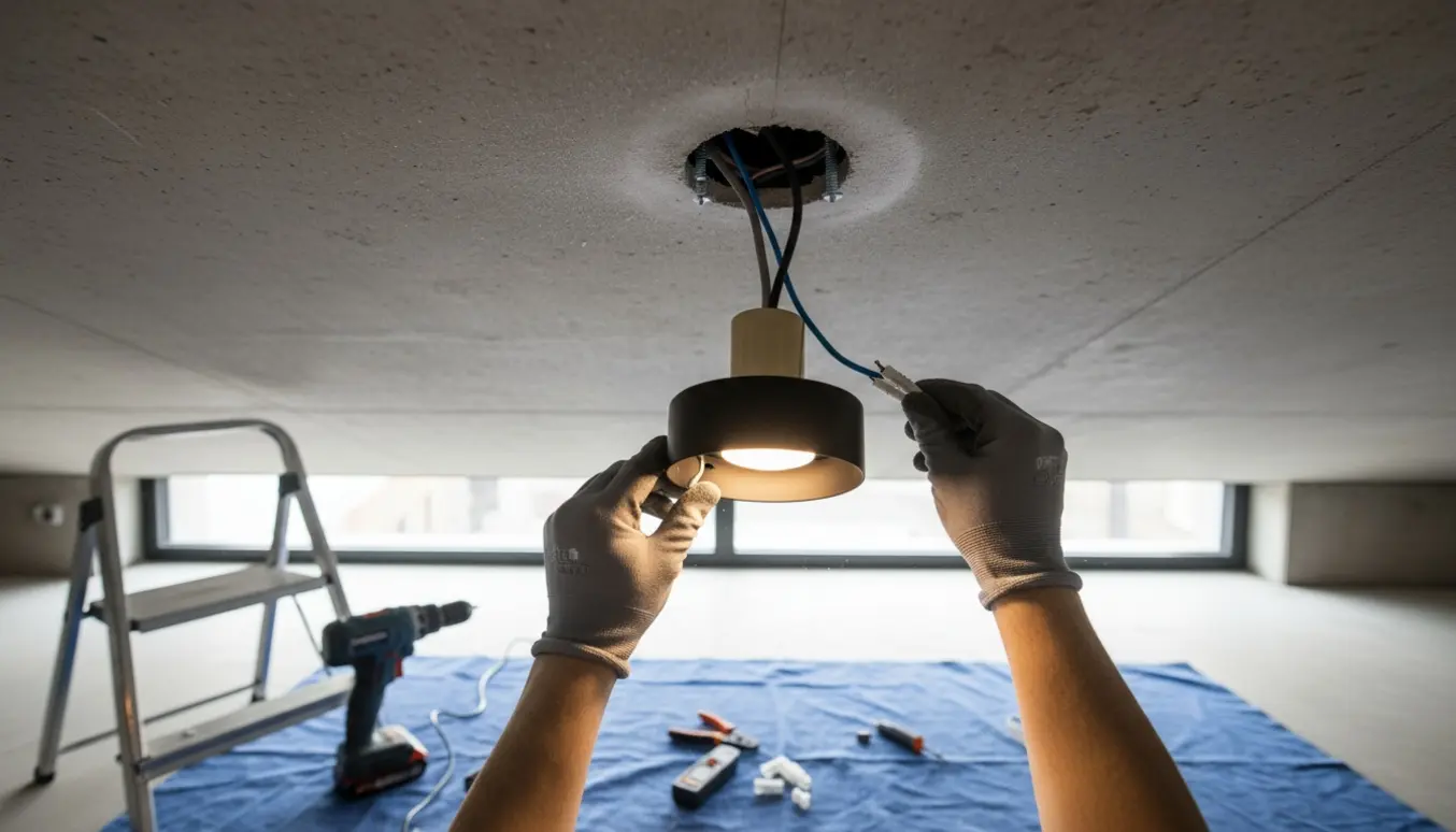 Opsætning af loftlampe i betonloft med borehul og værktøj.