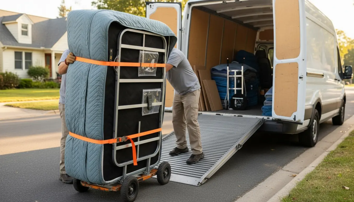 En elevationseng på dolly læsses ind i en flyttevogn med flyttetæpper og remme.