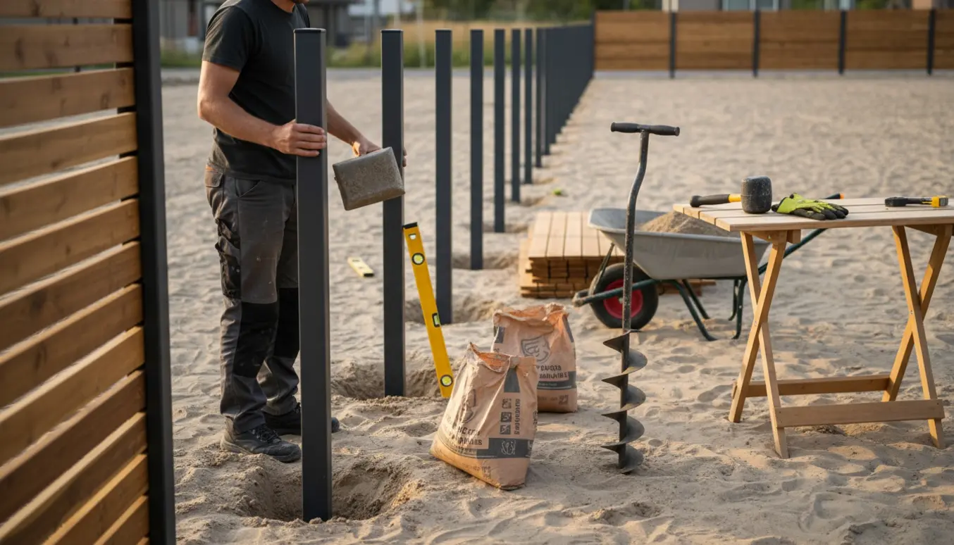 Alu-stolper og lamelhegn sættes op i sandjord med pælebor og stolpebeton.