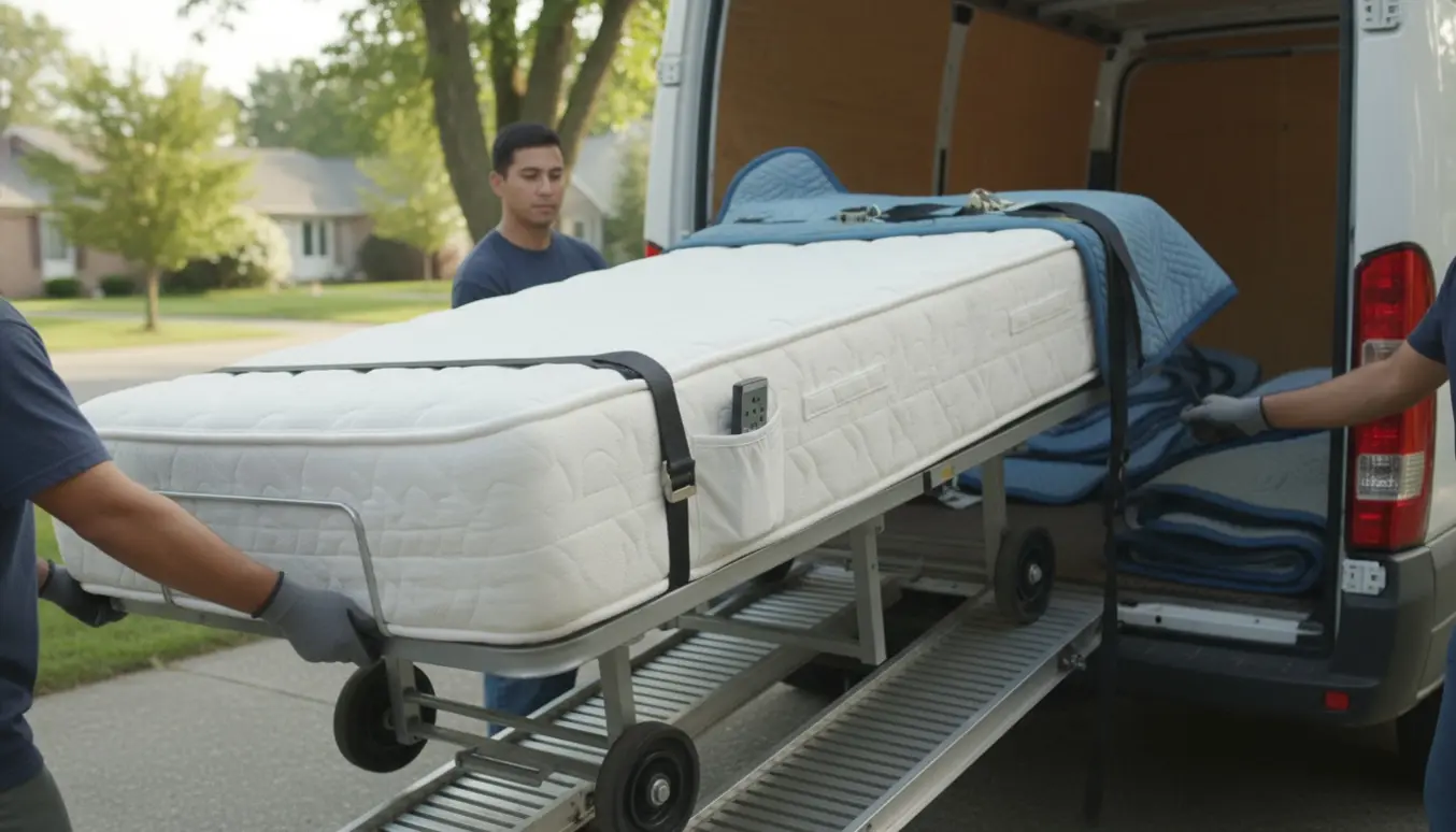 En enkeltseng (elevationsseng) læsses i en flyttebil, dækket af møbeltæpper og fastspændt med stropper.